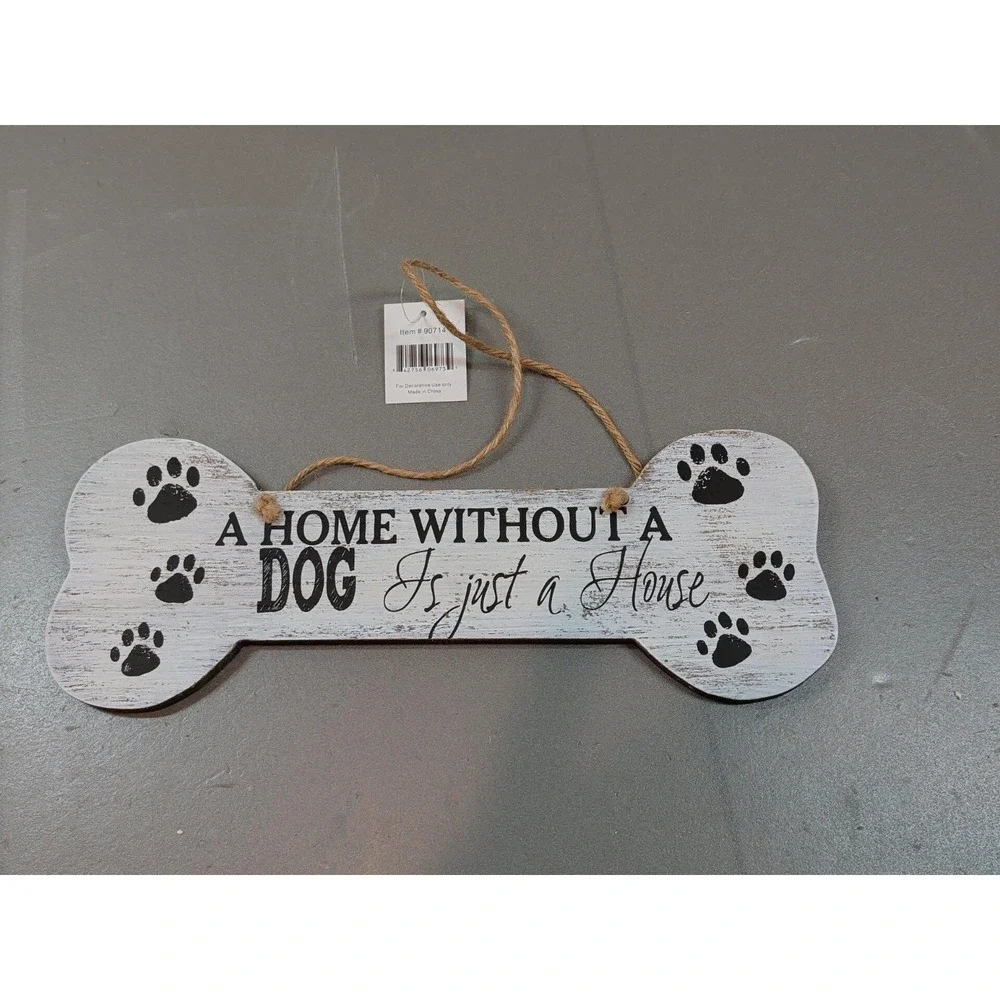 CWI Gifts Wooden Dog Bone Hanging Sign Rustic White Paw Prints Home Decor 90714